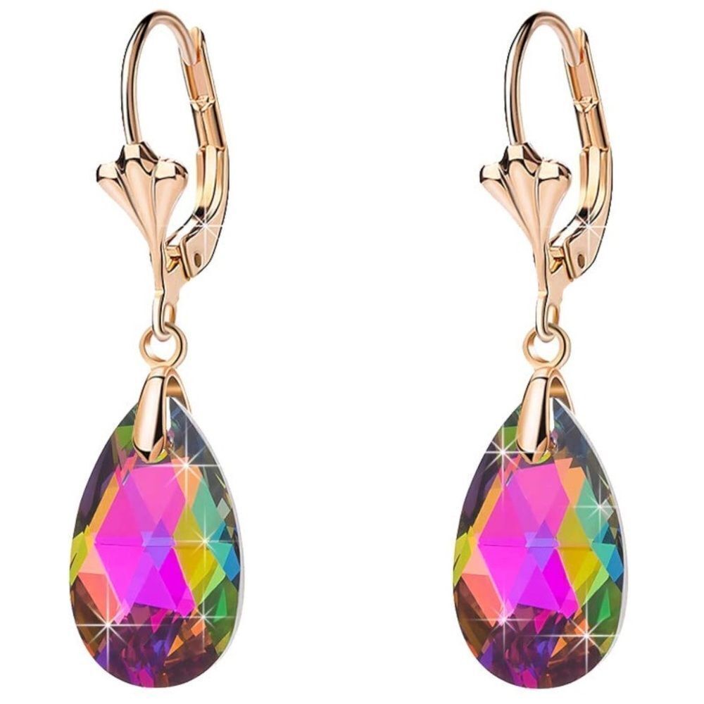 14K Yellow Gold with Vitrail Medium Austrian Crystal Teardrop Leverback Earrings